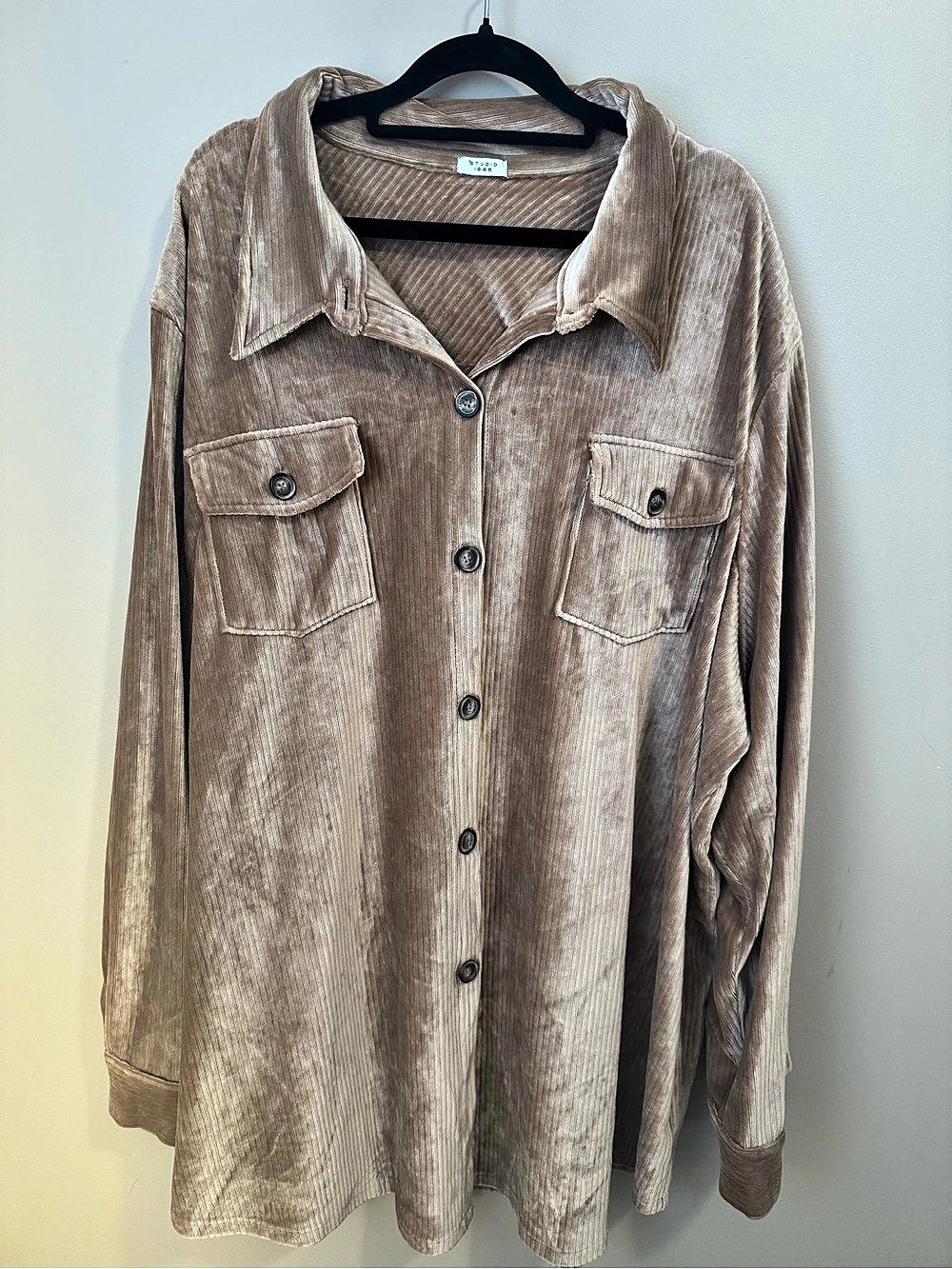 STUDIO 1886 Velour Button Front Oversized Shacket Shirt Brown Beige 3X